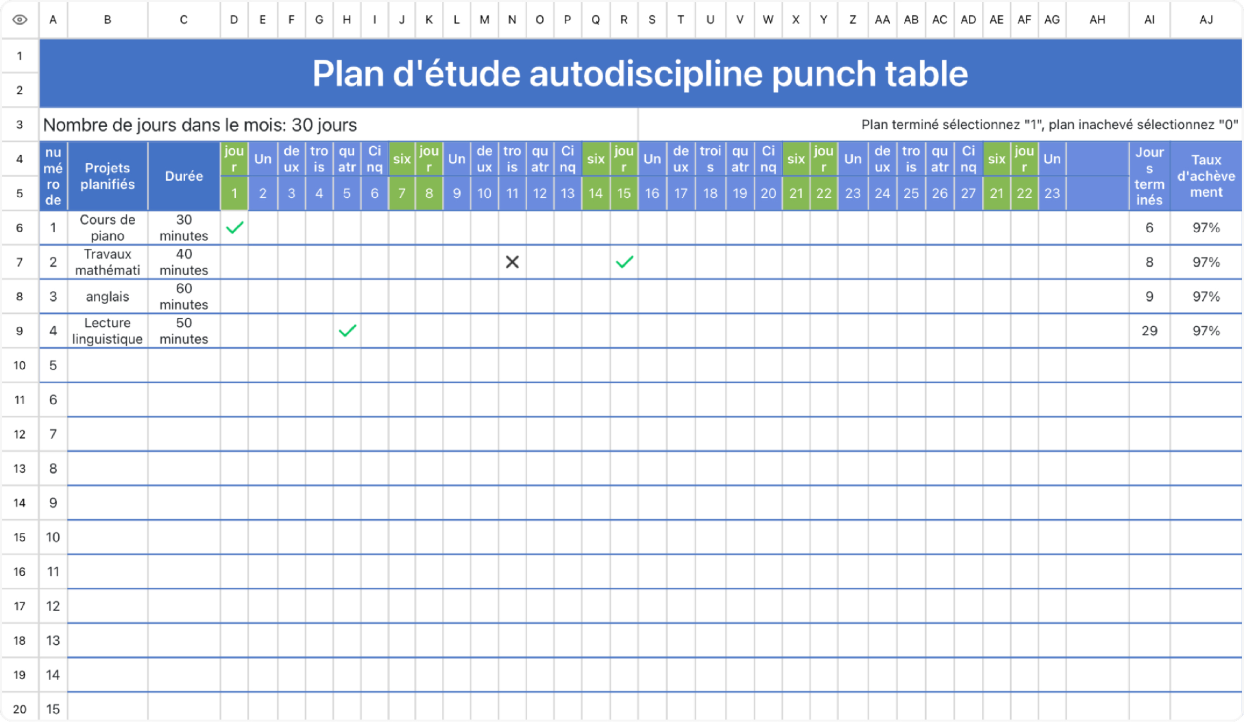 Plan d'étude autodiscipline punch table